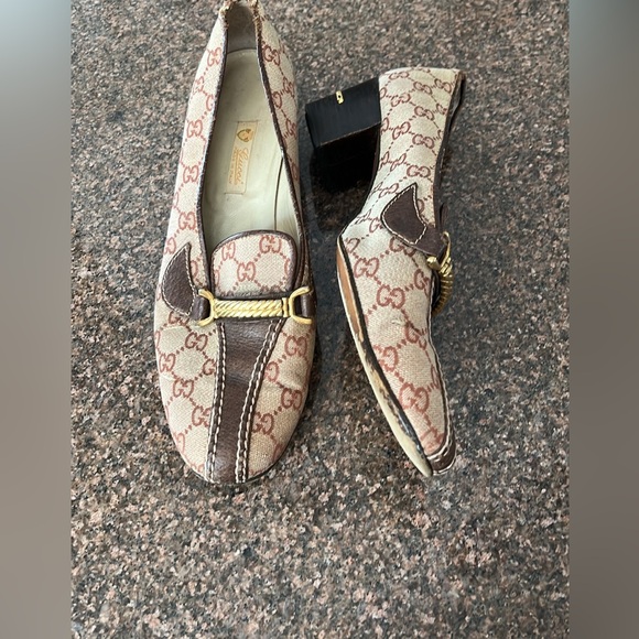 GUCCI LADIES BROWN GG WEB GOLD LOW HEEL PUMPS-40B-9.5-VINTAGE - Picture 11 of 14